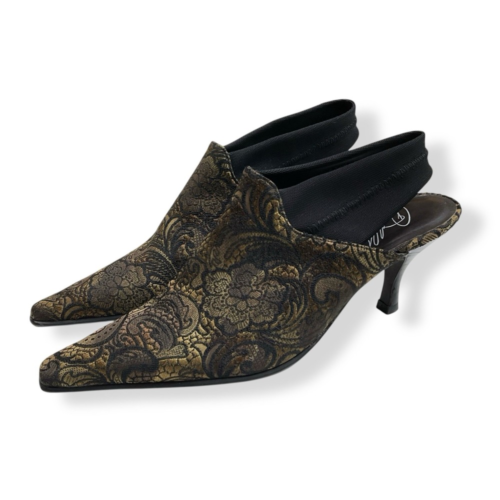 Donald J Pliner Heels Women 8N Black Bronze Lillis Jacquard Slingback Kitten